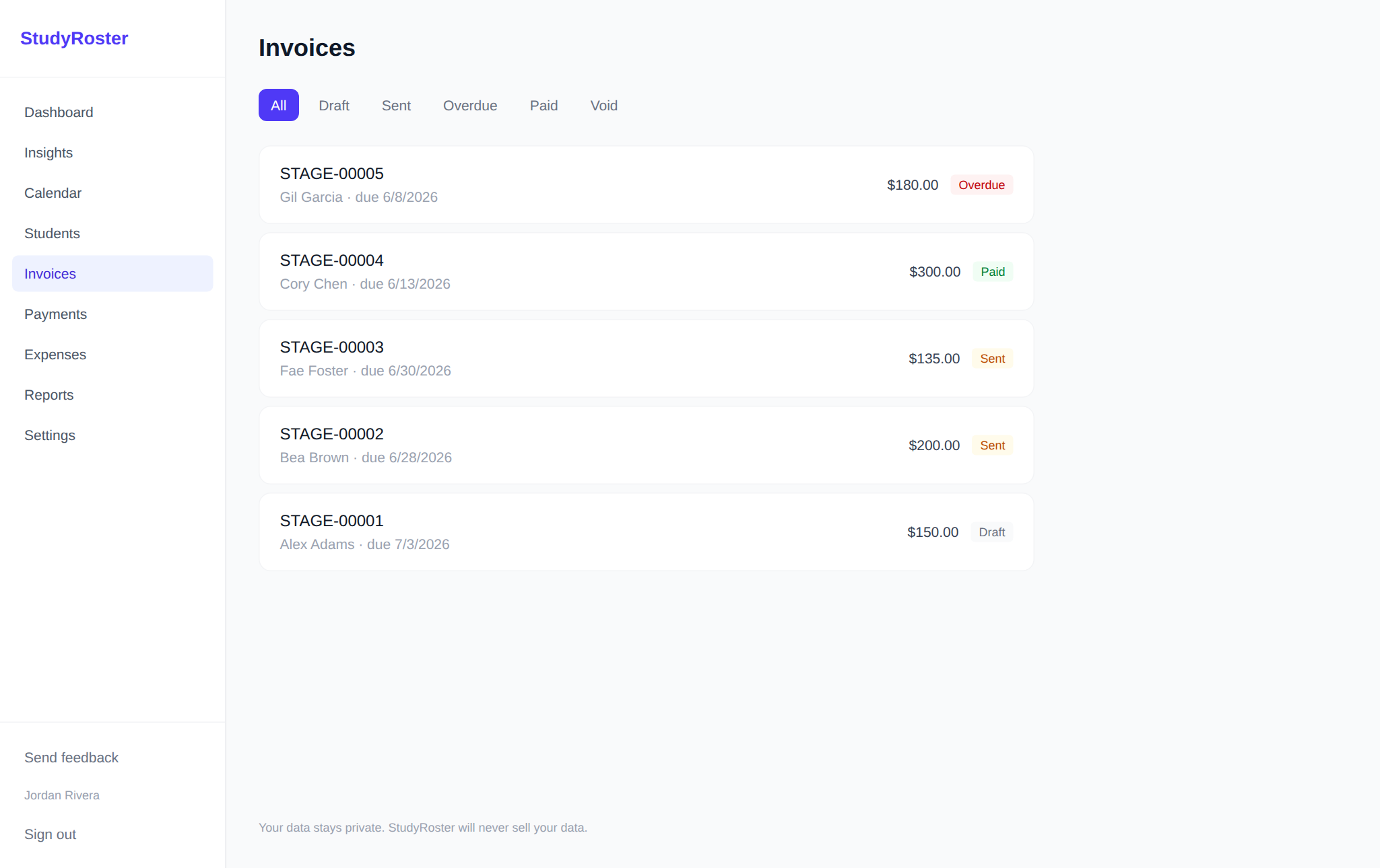 StudyRoster invoices list with statuses (draft, sent, paid, overdue) and amounts per family.
